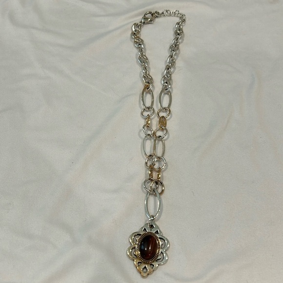 Brighton Jewelry - Brighton Geneva Tiger’s Eye Pendant Silver and Gold Details